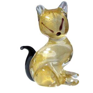 Archimede Seguso Signed Murano Gold Aventurine Art Glass Cat Figurine 5"